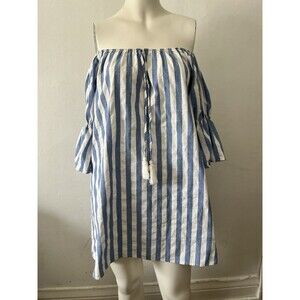 Ecru Lab Cotton Small Blue White Stripe Off The Shoulder Mini Dress Bell Sleeve